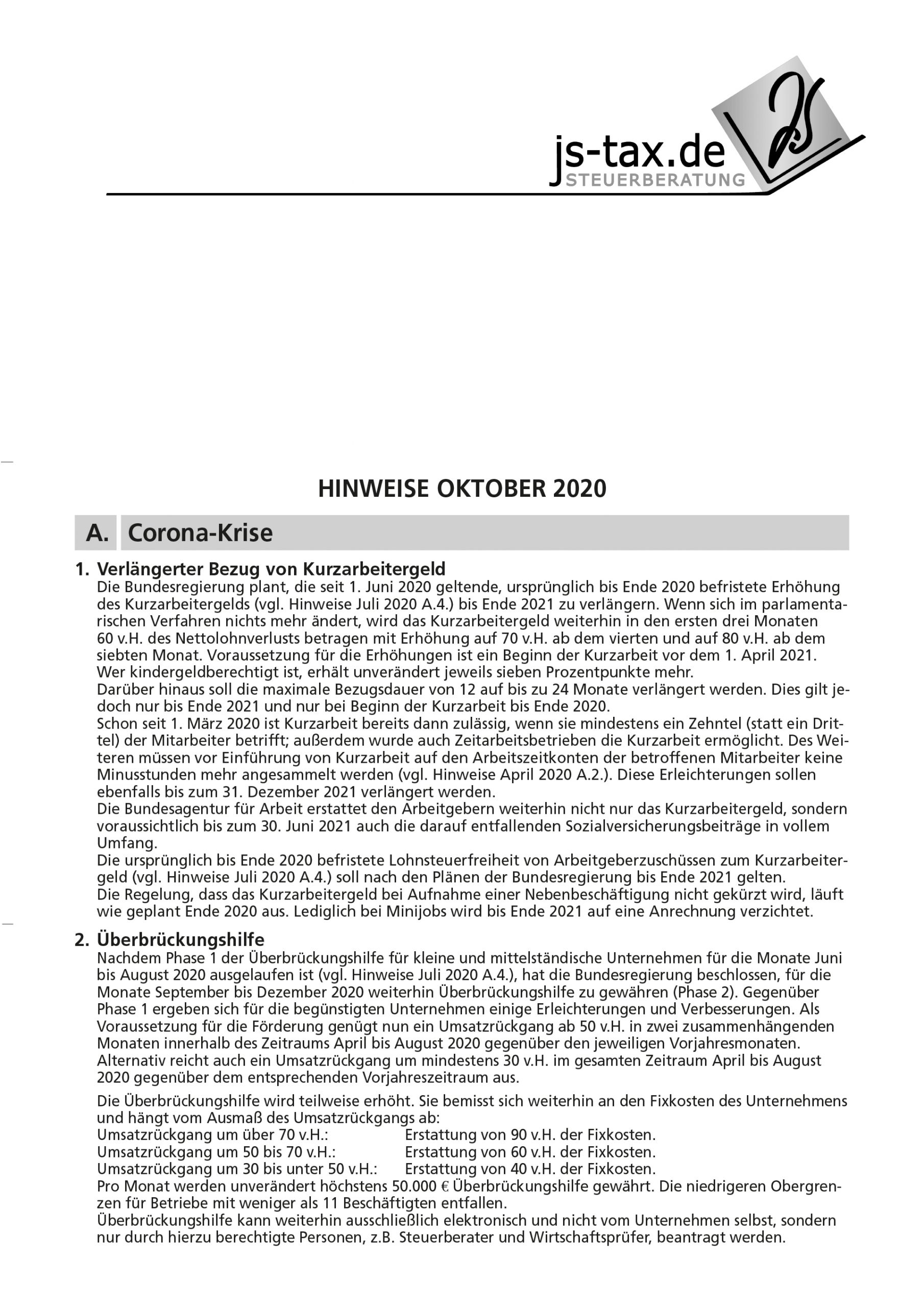 js-tax Steuerberatung Mandantenrundschreiben 2020-10 S1